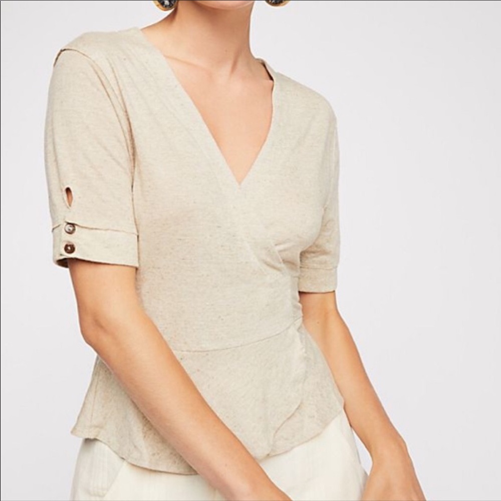 Free People Cream V-Neck Short Sleeve Wrap Top